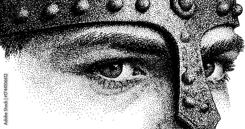 Intricate dotwork stippling of medieval warrior's gaze for artistic design