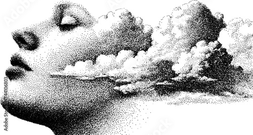 Surreal stipple art of human face with clouds for creative design