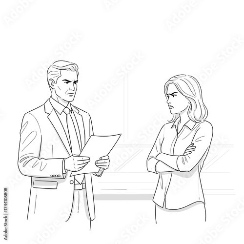 simple vector sketch illustration of a Businessman discussing documents with colleague showing disagreement, emotional distance, conflict   