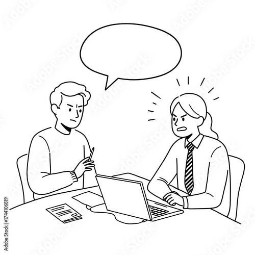 simple vector sketch illustration of a coworker gossiping while another looks angry, open office layout, subtle humor in expressions, Two business people discussing project concerns at office table  