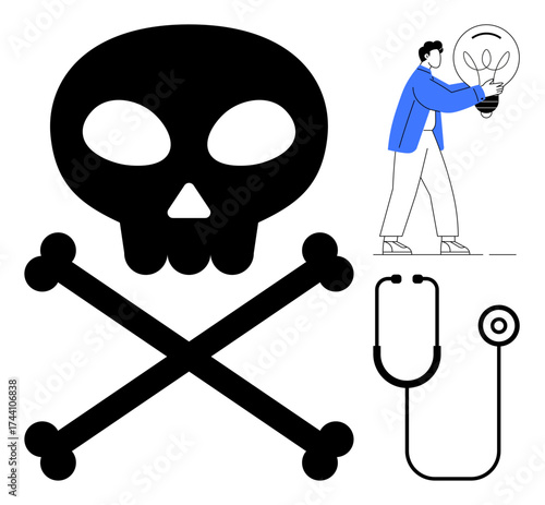 Black skull with crossbones, medical stethoscope, and person holding lightbulb. Ideal for health, innovation, danger, risk, healthcare, creativity caution simple flat metaphor