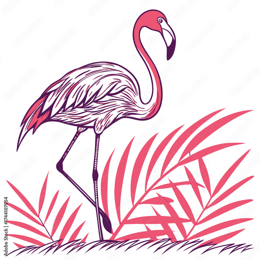 Naklejka premium Stylized flamingo standing among pink palm leaves