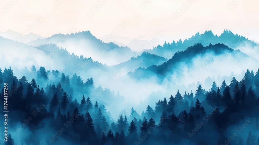 Fototapeta premium Abstract aerial shot of fog weaving through forested hills, nature flow design