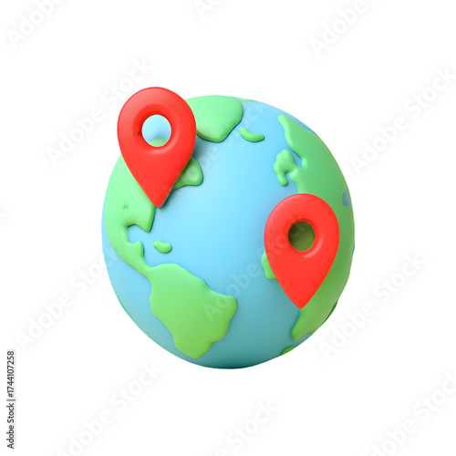 Cartoon globe with two red location markers indicating different places on the earth surface