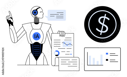 AI robot gesturing and holding documents with charts, dashboards, and dollar sign. Ideal for innovation, fintech, automation, business strategy, economic analysis, AI decision-making simple flat