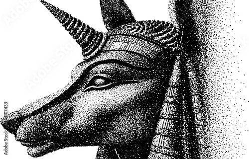 Detailed dotwork stippling illustration of mythical deity with intricate patterns