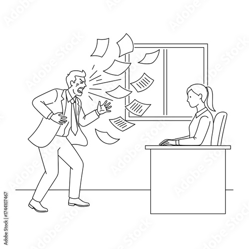 м Businessman arguing while throwing papers at female colleague in office  