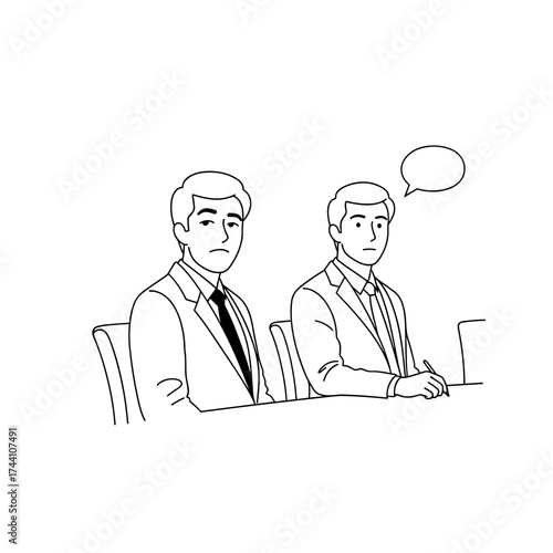 simple vector sketch illustration of a Two men discussing in formal suits at a conference table  