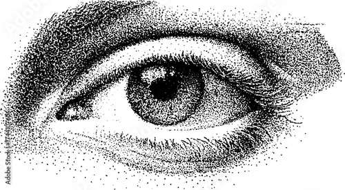 Intricate dotwork stipple image of a human eye expressing emotion for artistic design