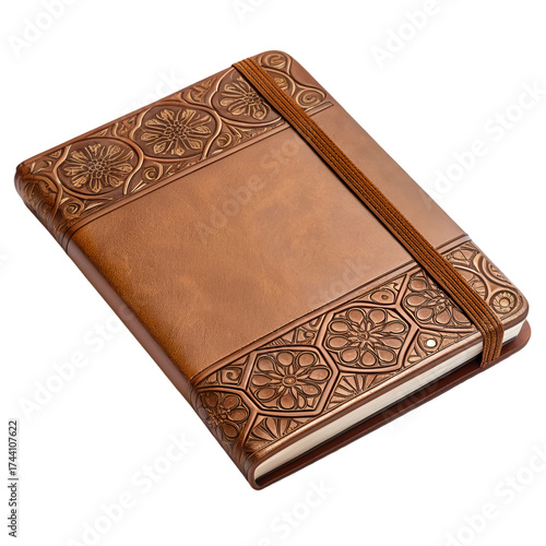 Brown leather journal with embossed floral patterns and elastic band notebook