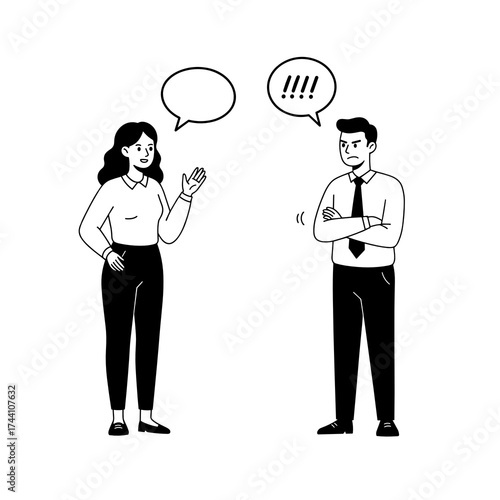 simple vector sketch illustration of a Woman talking to man during disagreement in black and white style  
