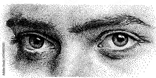 Intricate dotwork stippling illustration of floating eyes for art design