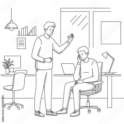 simple vector sketch illustration of a Two men discussing work stress in office setting with laptop? Group leader calming angry teammate in a modern co-working interior for emotional support  
