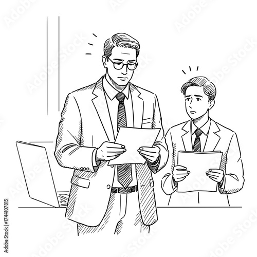 simple vector sketch illustration of a Business meeting with presenter discussing peace on whiteboard, Manager holding a document while employee looks frustrated in a neutral corporate setting  