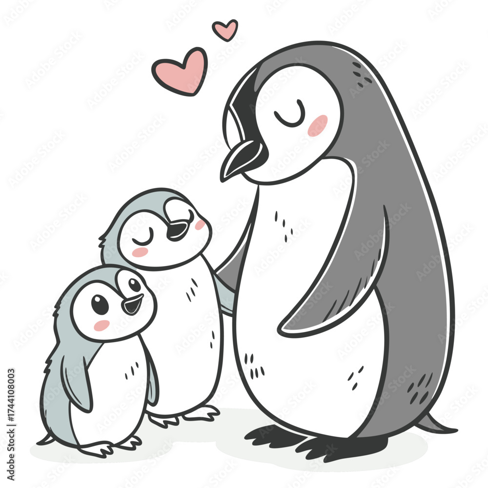 Fototapeta premium Cute penguin family with hearts symbolizing love and affections