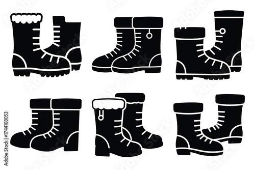 winter boots silhouette christmas vector icon set