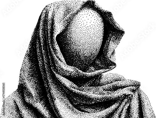 Mysterious figure in hooded cloak detailed dotwork stippling illustration
