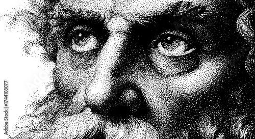 Intricate dotwork stippling of a mystical figure's face with expressive eyes