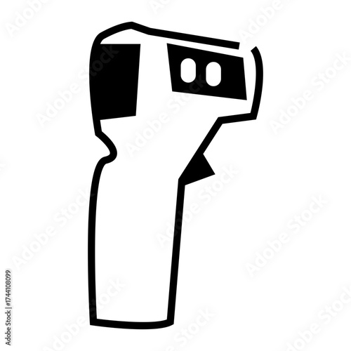 Simple black line art of an infrared temperature scanner, minimal vector illustration, isolated on white background.