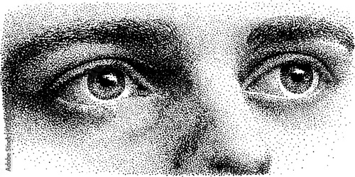 Intricate dotwork stippling illustration of floating eyes in halftone effect for artistic design