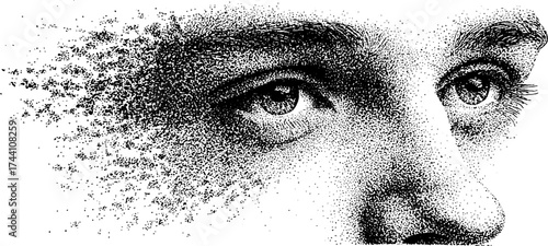 Detailed dotwork stipple illustration of fragmented grid with human eyes