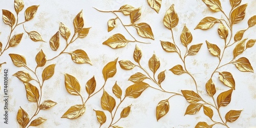 A decorative gold leafy pattern painted on a textured white background- combining elegance and simplicity- perfect for home decor- luxury branding- or artistic inspiration.