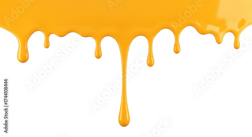 Isolated yellow paint dripping, creamy, vibrant, honey-like viscous texture on surface
