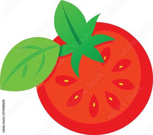 Shiny red tomato slice fresh basil vector illustration eps transparent background