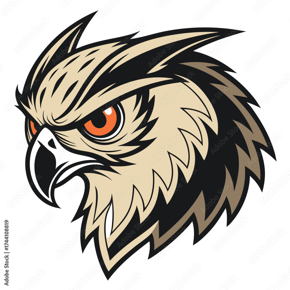 Fototapeta premium Aggressive owl head mascot logo with fierce orange eyes