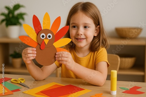 child holding a paper turkey craft while sitting at a table with scissors, glue, and colored paper, Thanksgiving art activity