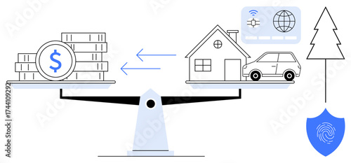 Scales balancing money with property, car, house, technology, tree, and shield symbolizing security. Ideal for finance, sustainability, trade economy decision-making insurance cybersecurity