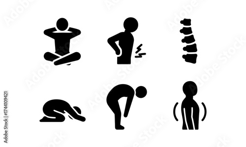 Silhouette icons illustrating back pain and relaxation poses