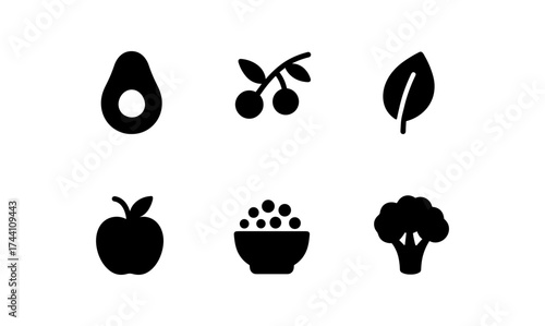 Minimalist food icons: avocado, cherry, leaf, apple, bowl, broccoli