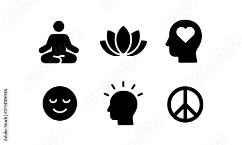 Minimalist icons of mindfulness and wellness: meditation, peace, and positivity symbols