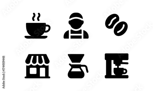 Coffee shop icons set featuring barista, equipment, and coffee beans