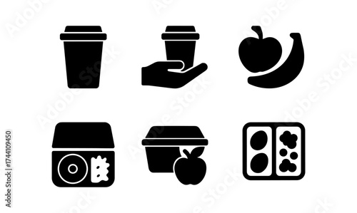 Silhouette icons of coffee, fruit, and lunchbox essentials for meal planning