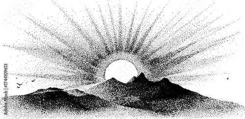 Sunrise over mountains in dotwork stipple illustration for design