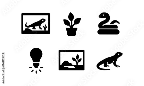 Minimalist reptile and home icons in silhouette style