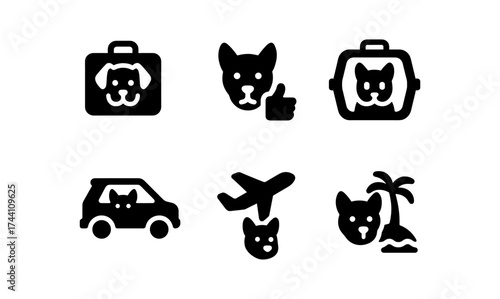 Pet travel icons: silhouette dog and cat with travel elements