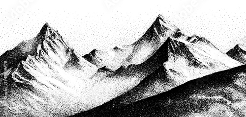 Intricate dotwork stipple illustration of majestic mountain peaks