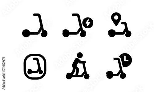 Minimalist electric scooter icon set: six bold symbols for navigation and mobility apps