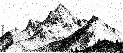 Intricate dotwork stippling illustration of majestic mountain peaks and rugged terrain