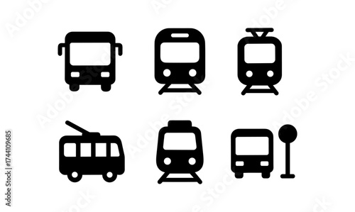 Minimalist transportation icons: bus, train, tram, and trolley designs