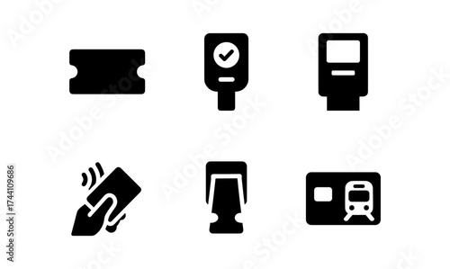 Transport payment icons set: ticket, contactless payment, check-in, metro gate, train pass