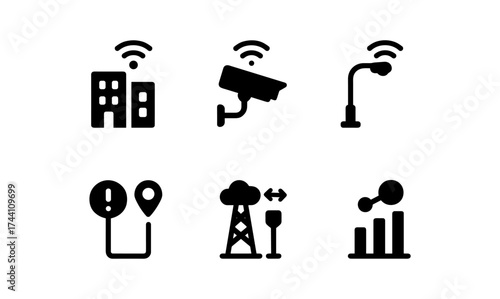 Smart city icons: security, connectivity, and data in modern urban design