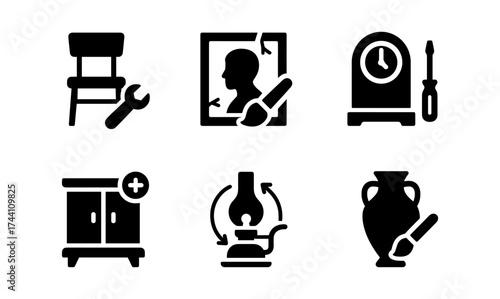 Silhouette icons of furniture and restoration tools with paintbrushes and clock
