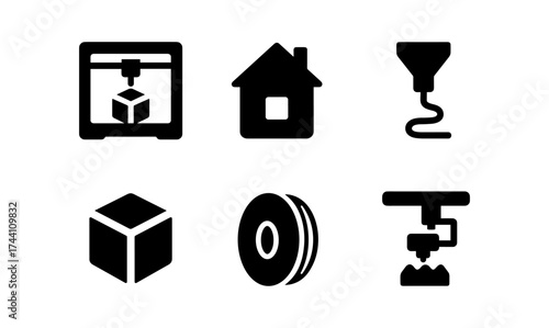 3d printing icons set featuring printers, house, nozzle, filament, and cube