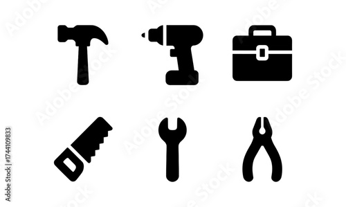 Set of construction tool icons: hammer, drill, toolbox, saw, wrench, pliers