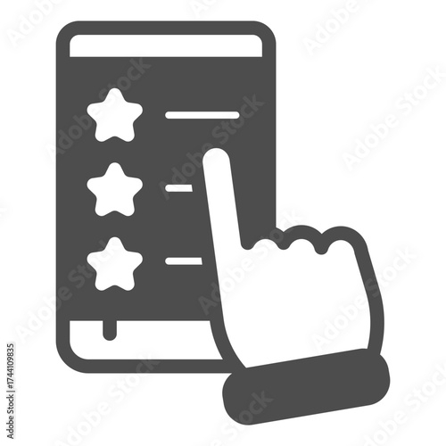 Smartphone with rate stars and hand pointer solid icon, cyber monday concept. Vector graphics. Hand with phone screen sign on white background, glyph style icon for mobile or web design.
