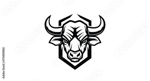 Black bull head emblem logo on white background Keywords: bull, head, logo, emblem, icon, animal
